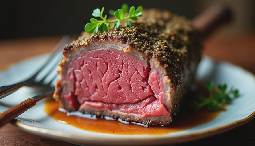 A macro close-up of a sliced roasted beef rib showing tender meat and a savory herb crust on a plate.webp