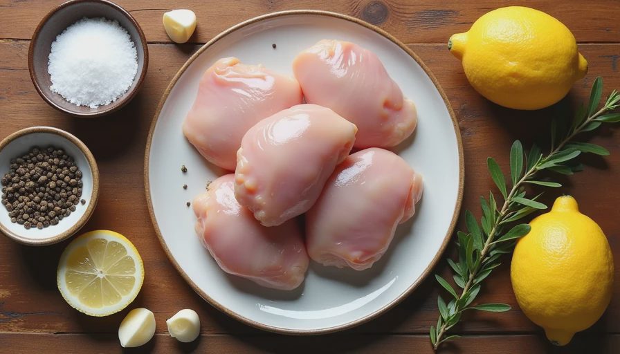 Raw bone-in chicken thighs, fresh organic lemons, and garlic cloves arranged on a kitchen counter.webp