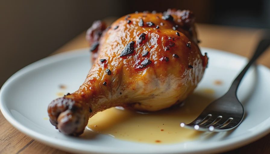 A close-up of sizzling, golden-brown roasted chicken thighs with crispy skin in a baking pan.webp