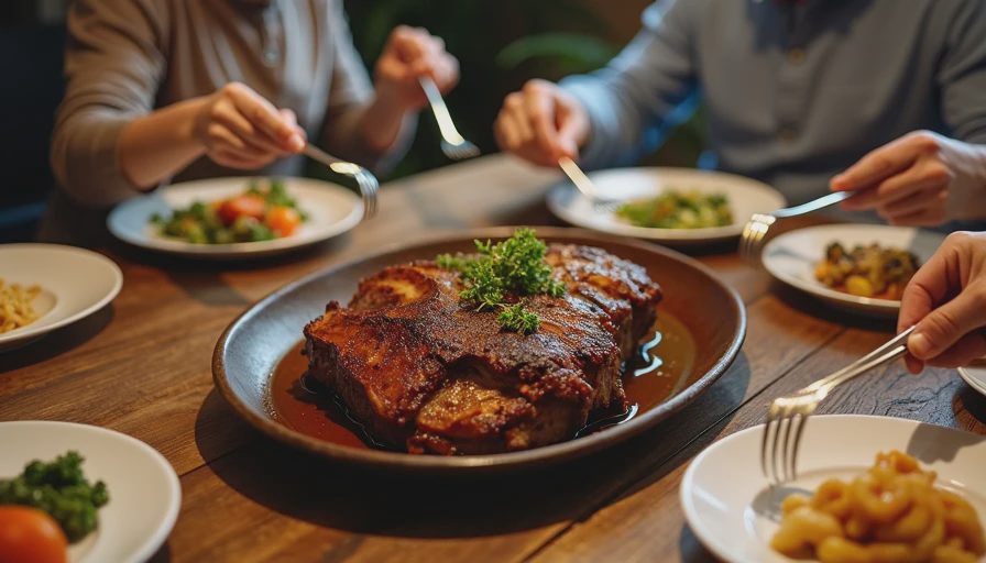 A family dinner table spread with shared dishes, forks, and chopsticks for a household of six.webp