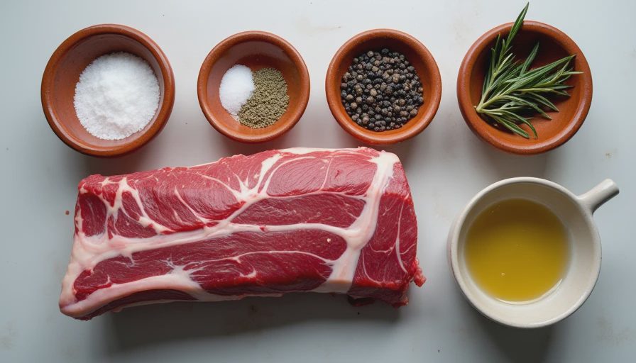 A raw beef back rib rack next to terracotta bowls containing sea salt, black peppercorns, garlic powder, and rosemary on a kitchen counter.webp