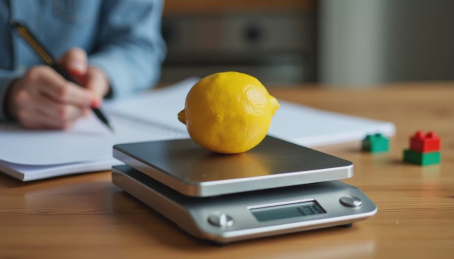A kitchen food scale with an organic lemon and procurement notes on a wooden counter.webp