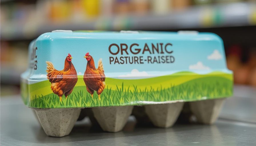 Supermarket egg carton label featuring ideal pasture-raised marketing imagery of hens on green grass.webp