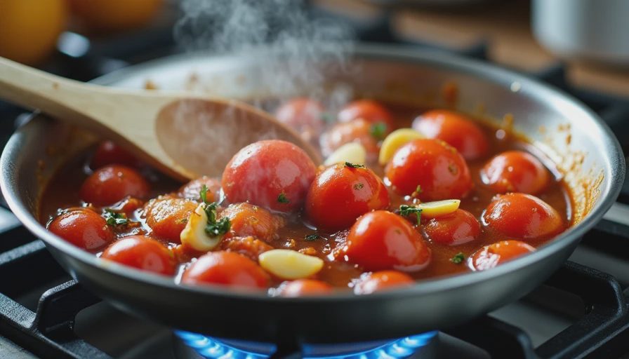 Steaming spaghetti tossed in rich garlic tomato sauce simmering in a skillet.webp