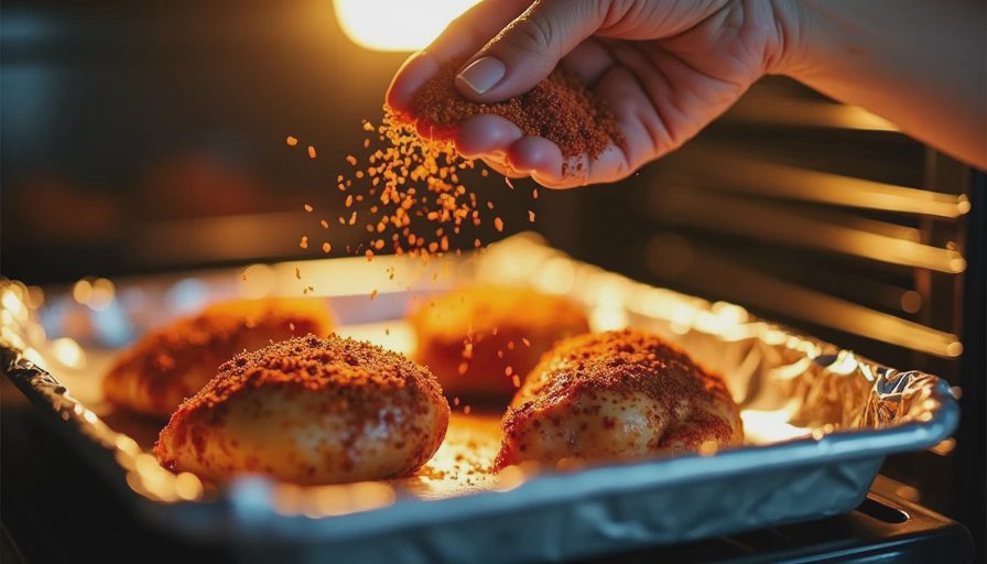 Oven-roasted chicken thighs on a foil-lined baking sheet topped with aromatic Sichuan spice rub.webp