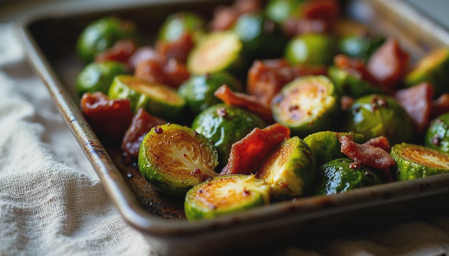 Oven-roasted Brussels sprouts with caramelized edges and crisp bacon pieces on a baking sheet.webp