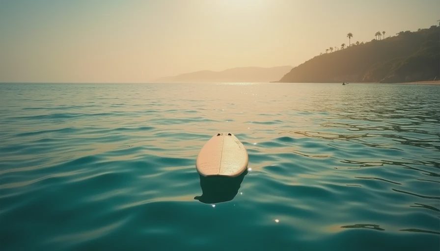 A surfboard floating peacefully on the calm Pacific ocean under morning light representing resilience and flowing with the current.webp