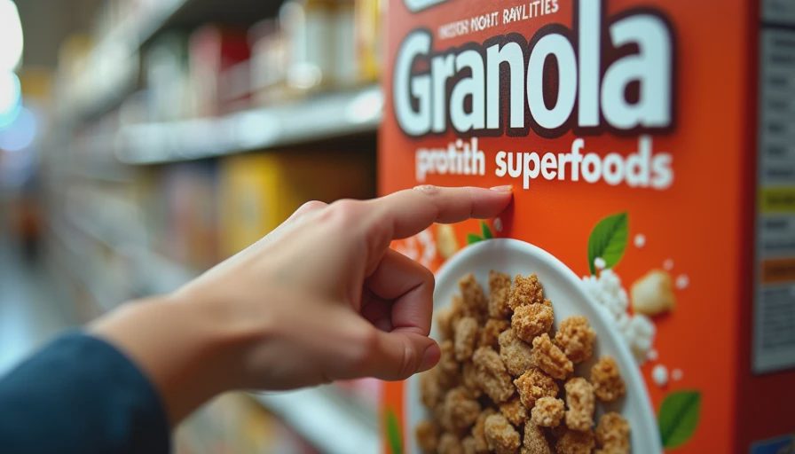 Hand pointing at the nutrition label on the side of a granola box highlighting high sugar content.webp