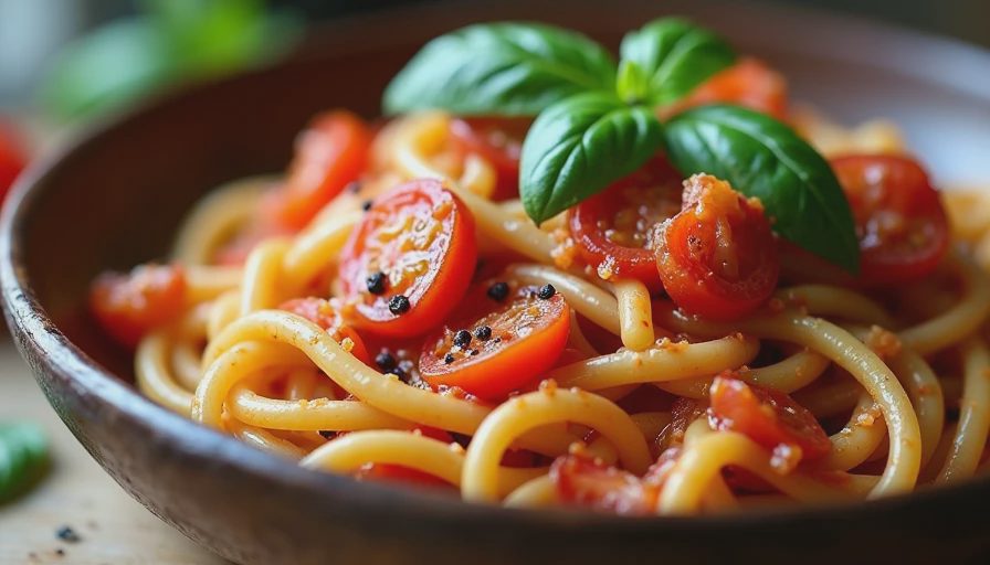 Close up of pasta with burst heirloom tomato sauce and fresh basil leaves.webp