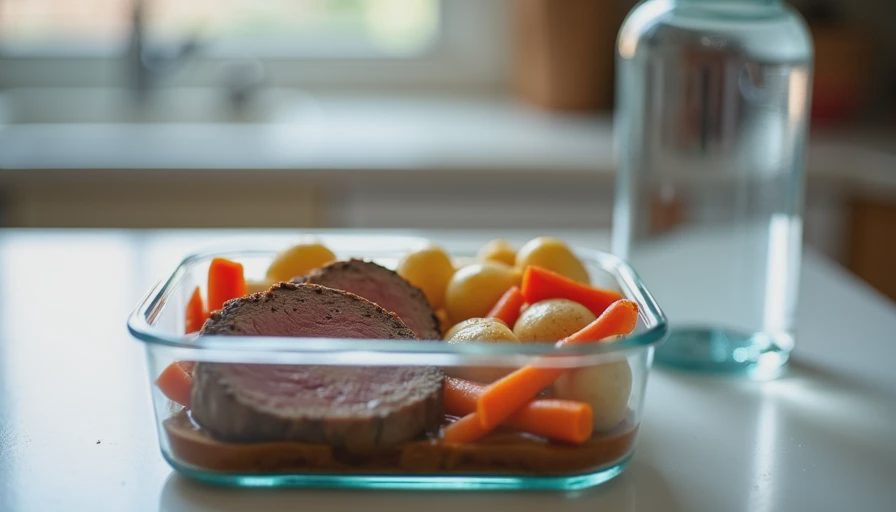 Glass meal-prep container packed with sliced pot roast, carrots, and potatoes for Monday lunch.webp
