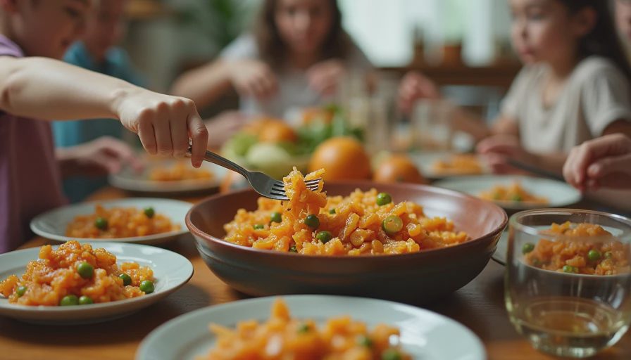 Fork picking up food from a fresh homemade salad bowl at the family dinner table.webp