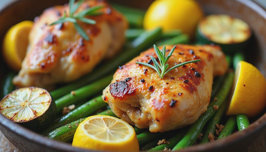 Lemon herb roasted chicken thighs with green beans and zucchini in a rustic pan.webp