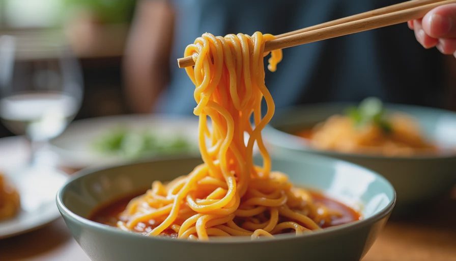 Ready-to-serve Chinese-American fusion Shanghai noodles garnished with scallions for a family of six.webp