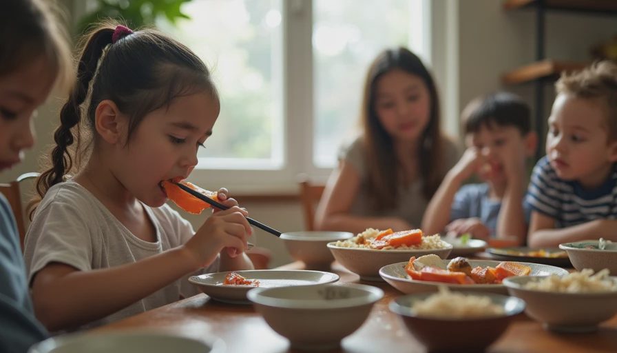 Young girl using chopsticks to eat a piece of miso glazed salmon at the dinner table.webp