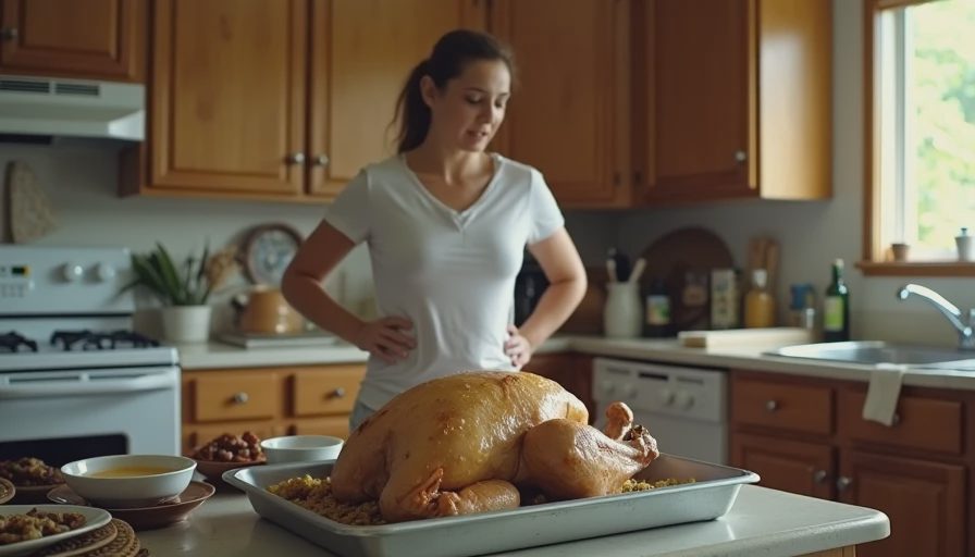 Flustered home cook in a messy kitchen looking at an undercooked pale Thanksgiving turkey.webp