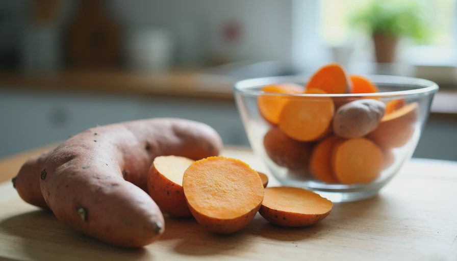 Fresh peeled sweet potatoes cut into chunks ready for boiling and making creamy mash.webp