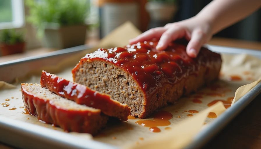 A freshly baked, juicy free-form meatloaf with a glossy caramelized glaze on a baking sheet.webp