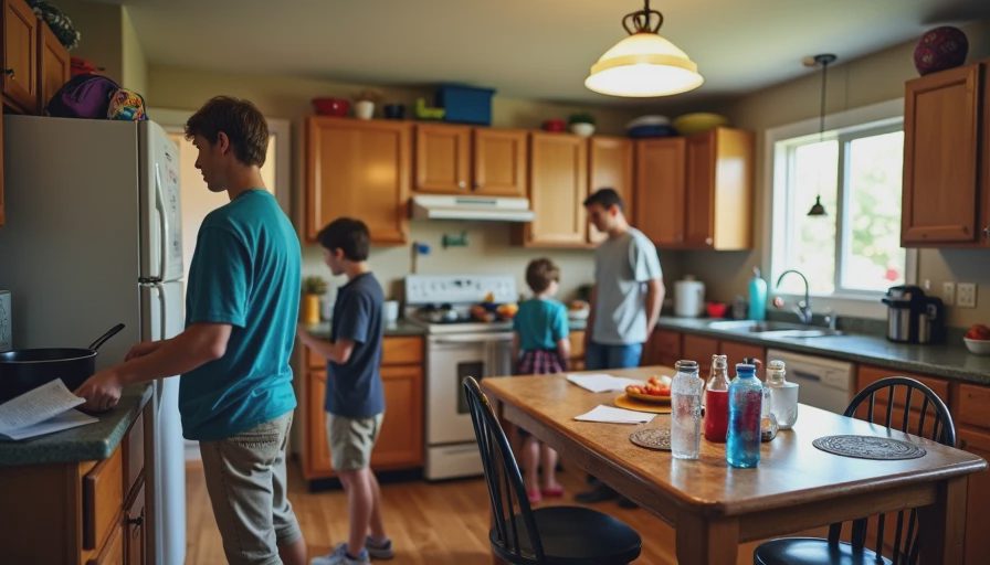 Busy Los Angeles family kitchen during the chaotic 5:30 to 6:30 PM hour with four kids.webp