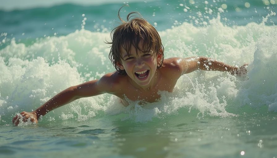 A 12-year-old boy laughing joyfully after wiping out in the Pacific ocean waves during a Malibu surfing lesson.webp