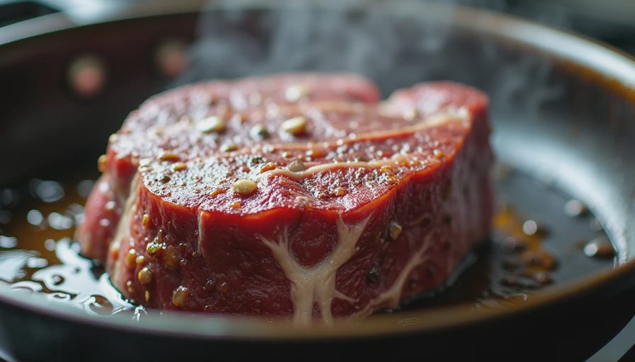 Boneless beef chuck roast searing deeply in a hot Dutch oven to build flavor crust.webp