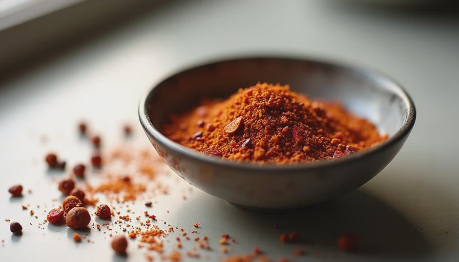 Homemade Sichuan dry rub spice blend with ground Sichuan peppercorns and chili flakes in a bowl.webp