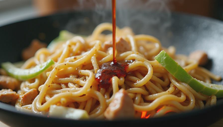 Fresh Shanghai-style thick noodles tossed with savory dark soy sauce and chicken in a family dinner skillet.webp