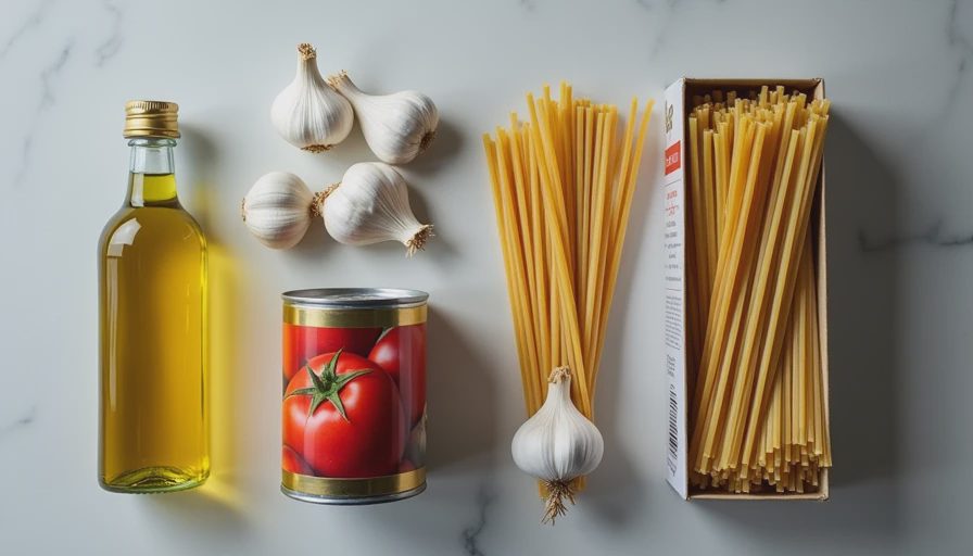 Four basic pantry ingredients including olive oil, garlic cloves, canned tomatoes, and a box of dry pasta.webp