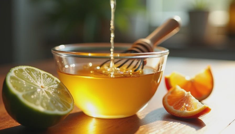 Whisking honey and lime juice in a small glass bowl for salad dressing.webp
