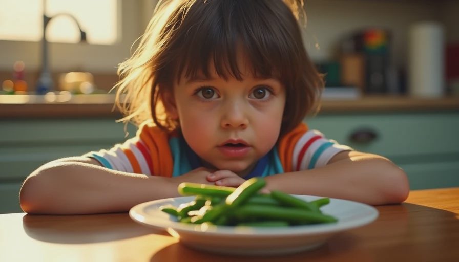 A skeptical young girl sitting at the dinner table looking at a plate of plain green vegetables.webp