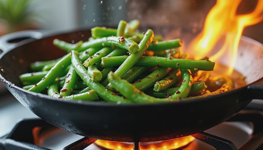 Fresh green beans being flash-blistered in a hot wok on a stovetop.webp