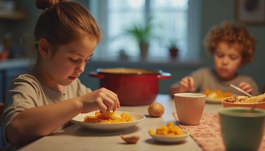 Child adding butter to a bowl of creamy homemade sweet potato mash at the family dinner table.webp