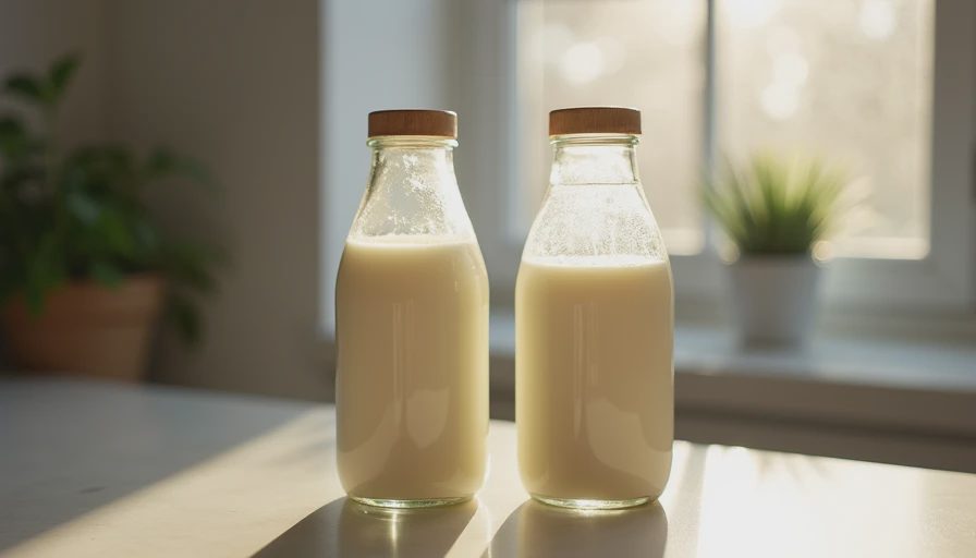 Fresh conventional milk and organic milk bottles standing side-by-side on a kitchen counter.webp