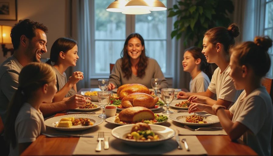 Chinese-American Thanksgiving dinner table with roasted turkey, Shanghai rice stuffing, and scallion noodles.webp