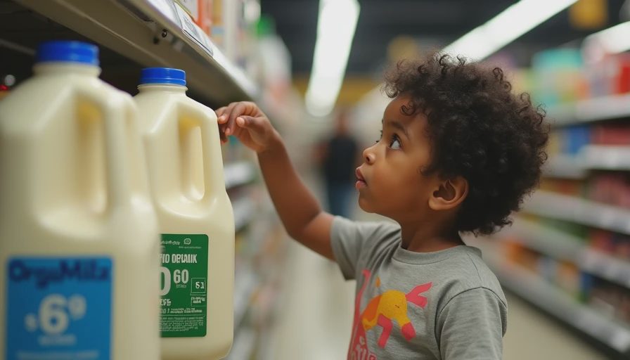 A child hesitatingly reaching between regular and organic milk cartons in a grocery store aisle.webp