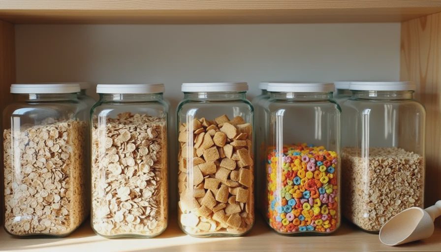 Six glass storage jars filled with different bulk healthy cereals on a wooden shelf.webp