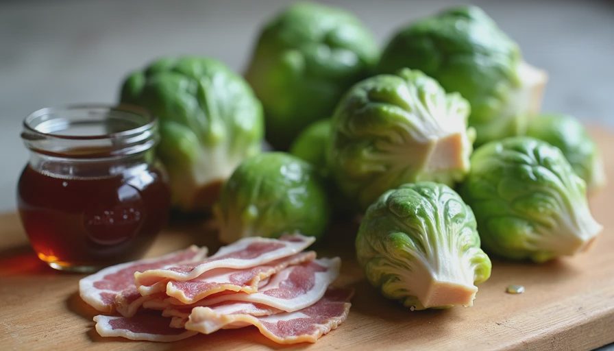 Fresh halved organic Brussels sprouts and thick-cut bacon ready for roasting on a wooden board.webp