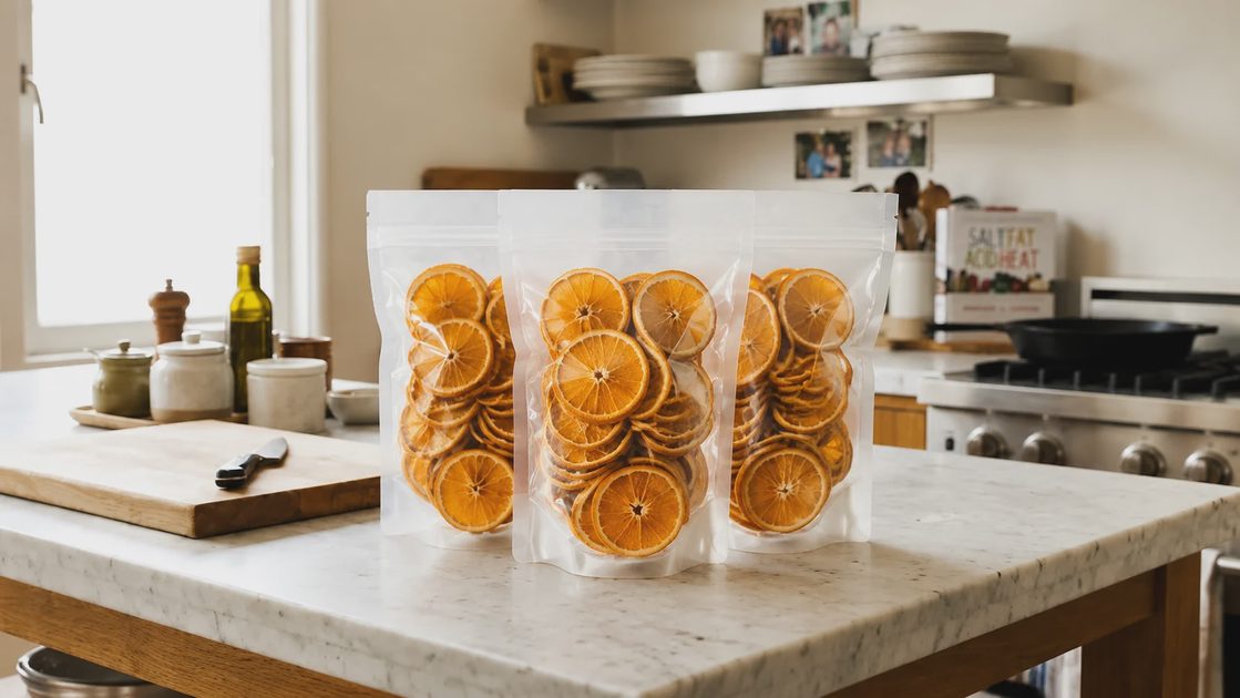 Clear packages of Oranfit dried orange slices with white ingredient labels on a kitchen island counter.webp