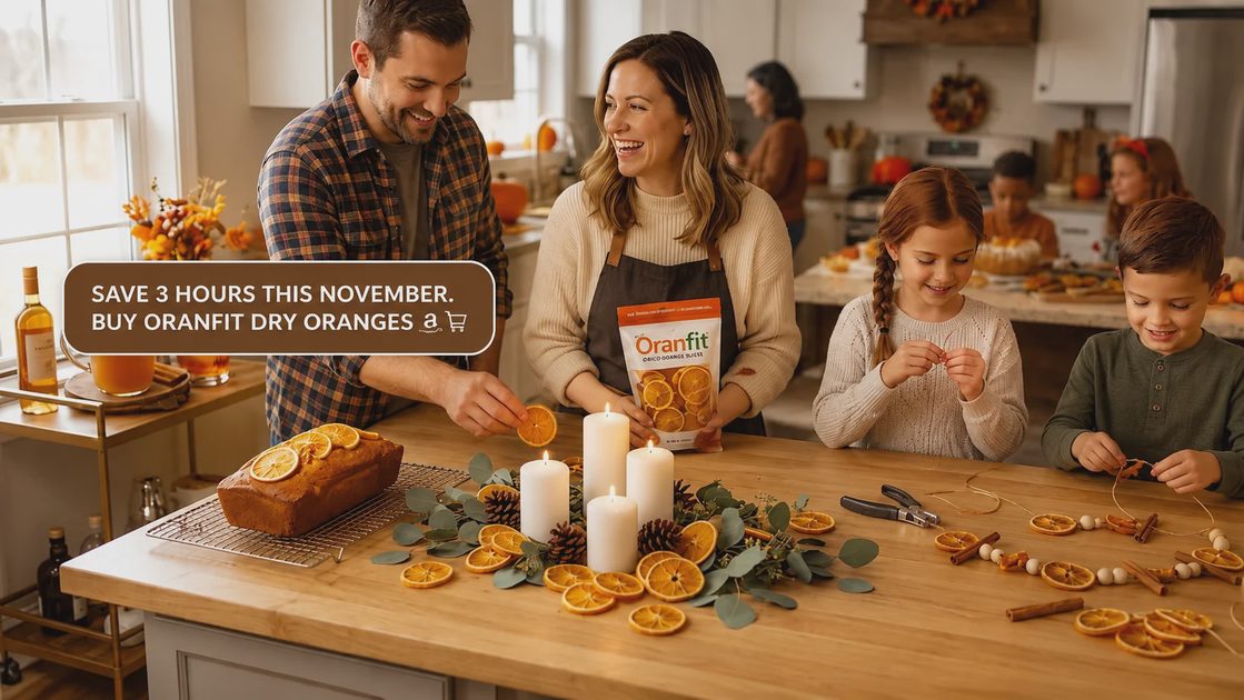 Kitchen island scene featuring dried orange slices used for candle decor, cider garnish, kids cinnamon wreath craft, and a baked loaf cake.webp