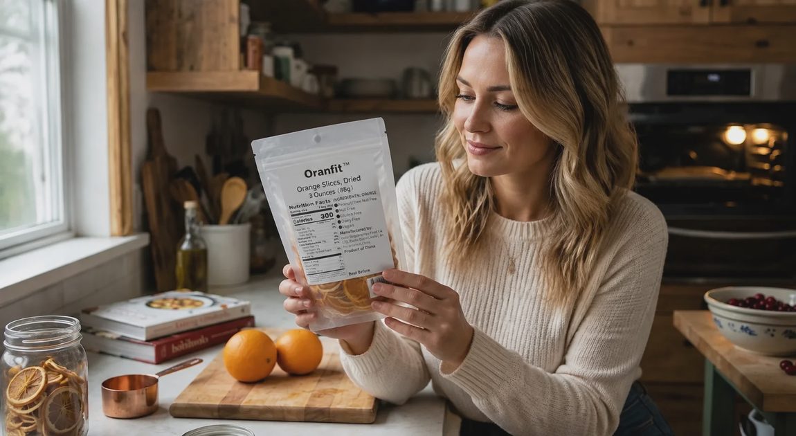 Cathy reading the ingredient label on the back of a clear Oranfit dried orange slices bag in her kitchen.webp