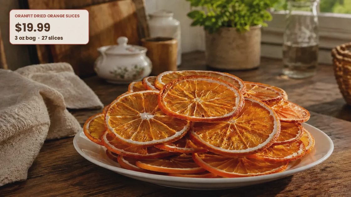Bright amber-gold Oranfit dried orange slices arranged on a white plate in a home kitchen.webp