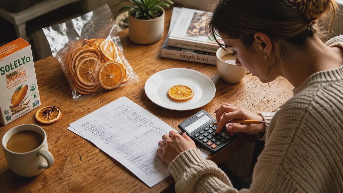 Handwritten cost calculation notes for homemade vs Oranfit store-bought dried orange slices on a wooden desk.webp
