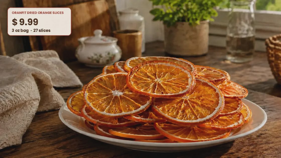 Bright amber-gold Oranfit dried orange slices arranged on a white plate in a home kitchen.webp