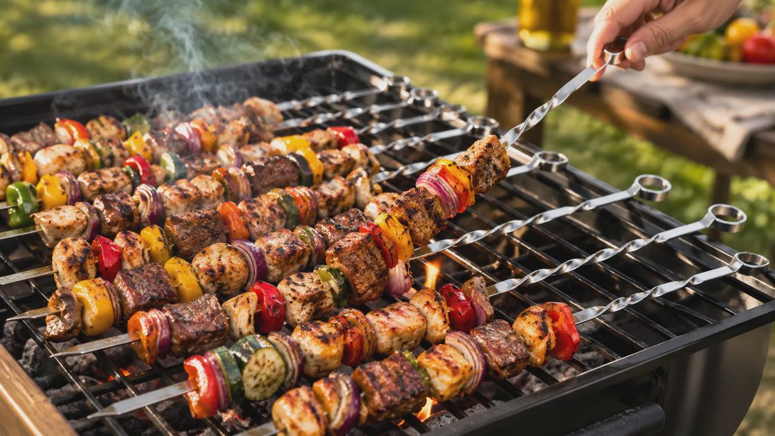 the MOCUMEI 16-Piece Flat Metal Skewers for BBQ the MOCUMEI 16-Piece Flat Metal Skewers for BBQ